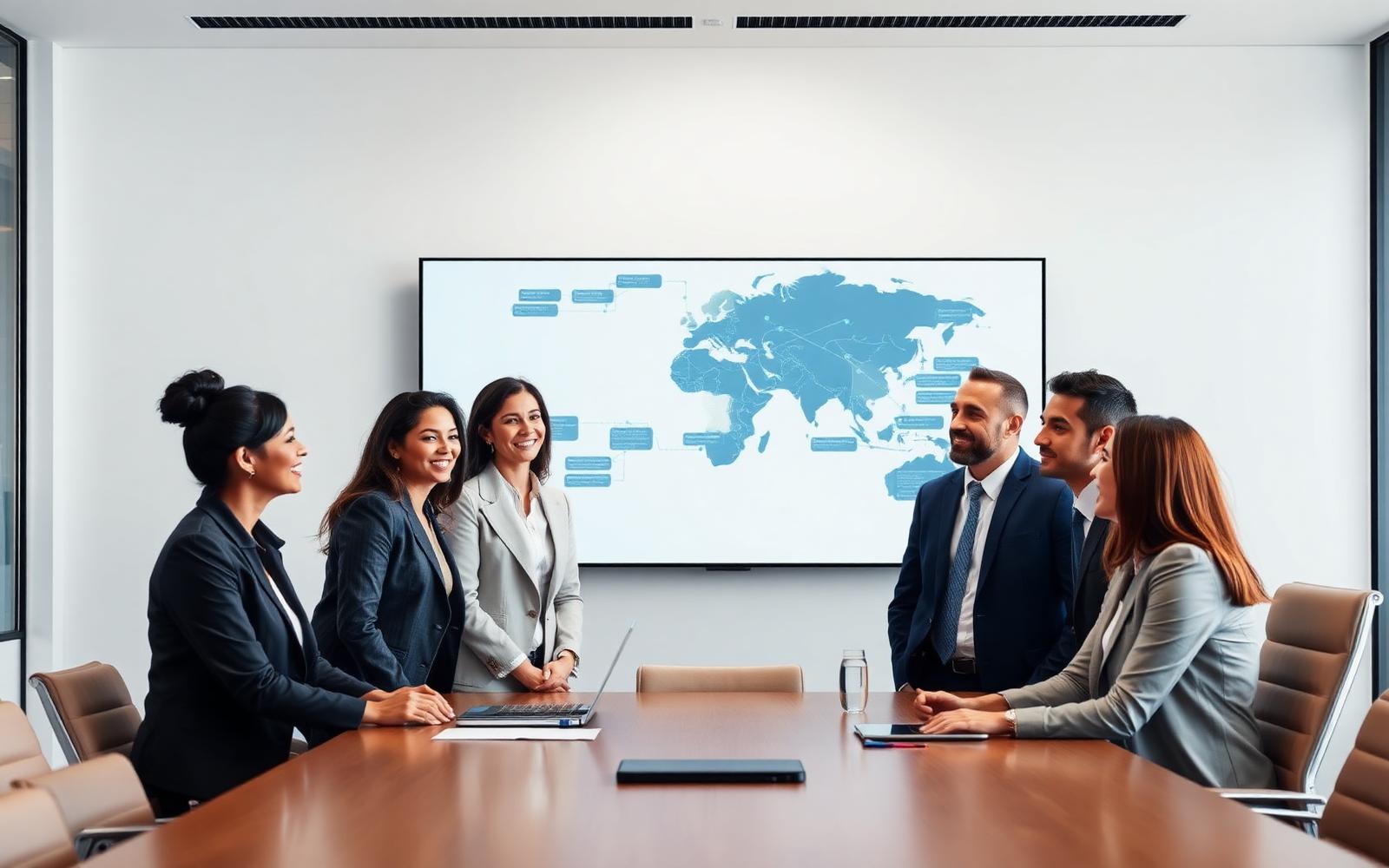 Illustrative colleagues reviewing connected business work