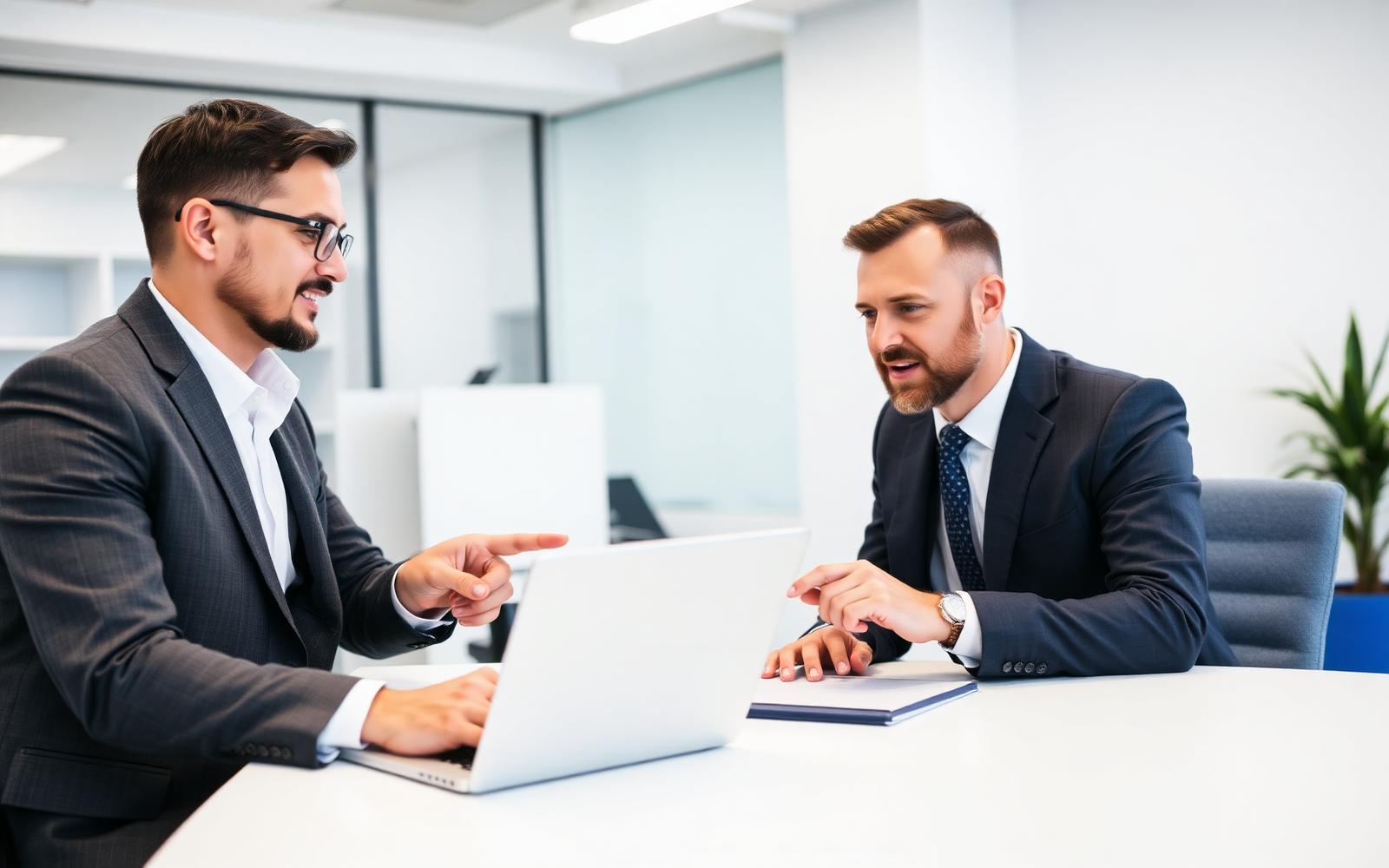 Two business leaders reviewing and approving a recommendation together on a laptop