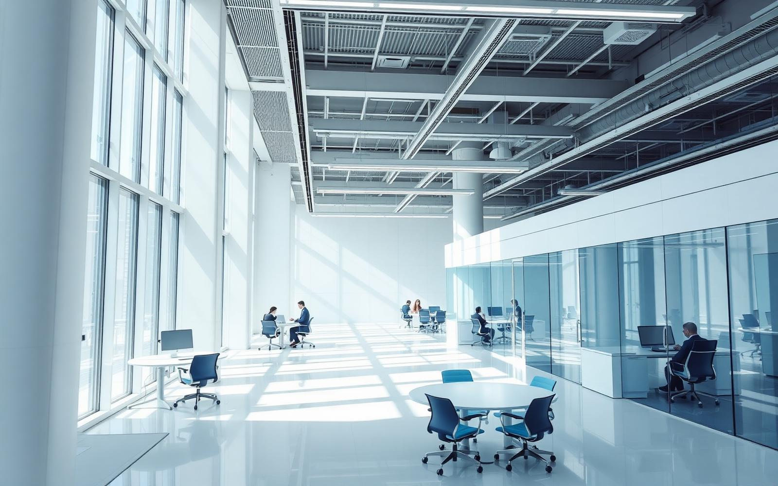 Teams working across several connected areas of a bright modern office